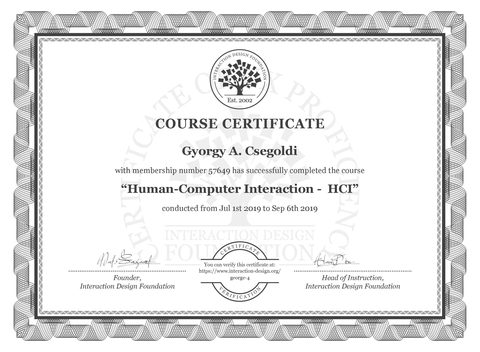 Human-Computer Interaction Course certificate