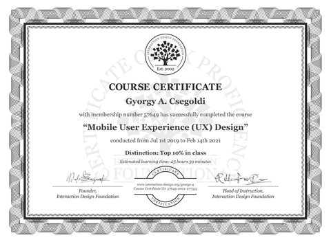 Mobile UX Design Course certificate