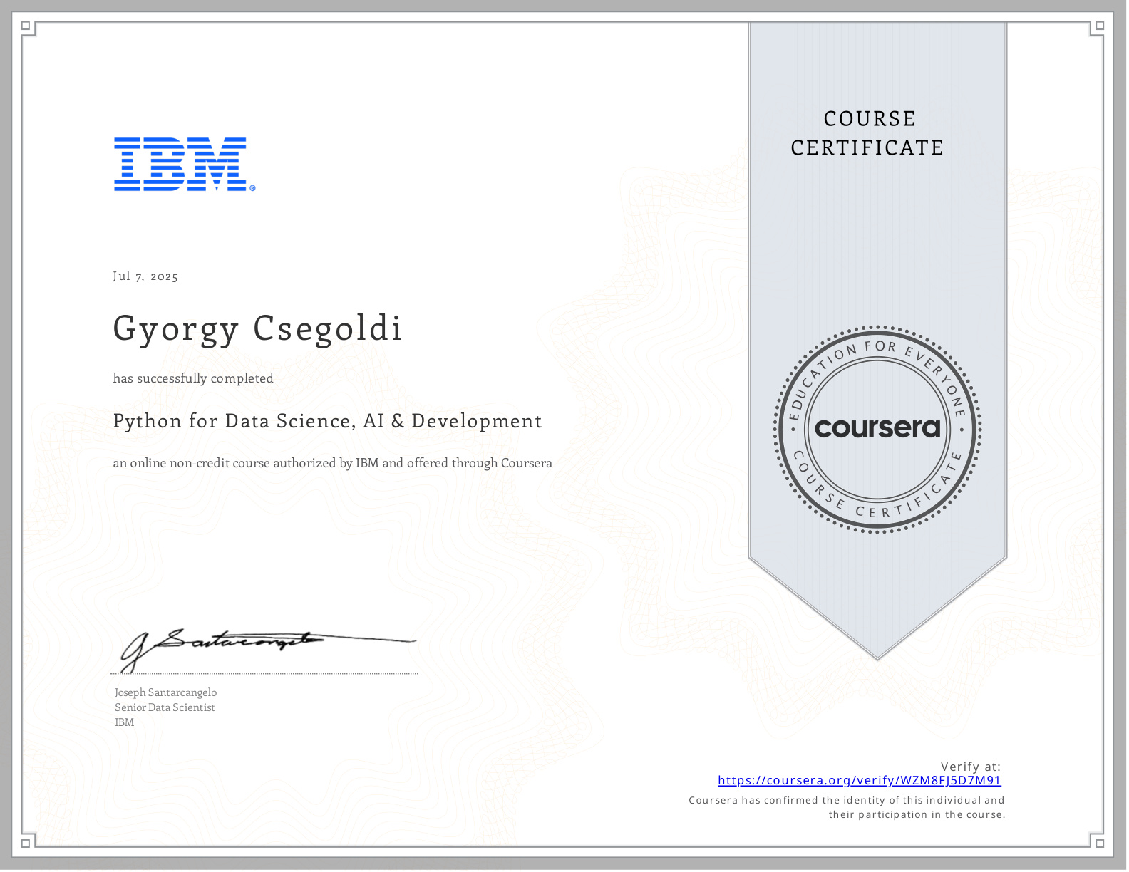 Python for Data Science, AI & Development certificate